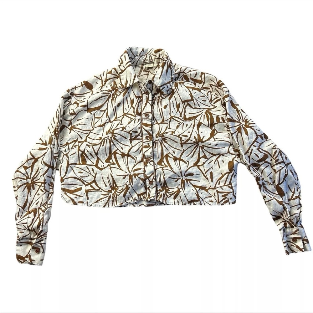 magaschoni 100% linen Cropped Shirt- Long Sleeve- Boho Flower Print Size XS